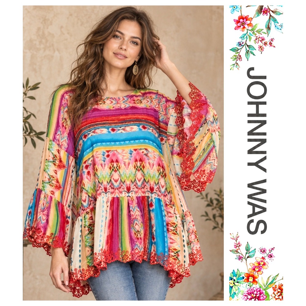 Johnny Was Multicolor Embroidered Oversized Long Sleeve Boho Tunic Top L